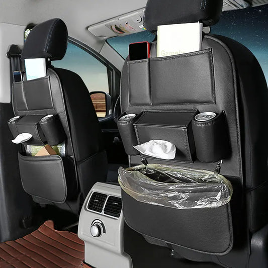Car seat back organizer with kick mat mounted flat against a front seat back