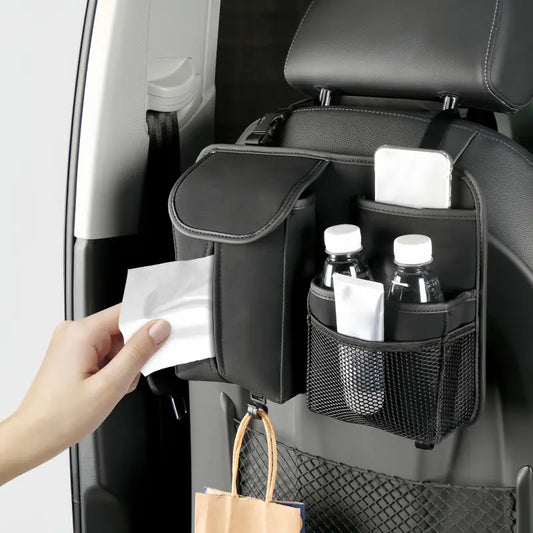 Universal backseat organizer installed on front seat headrests