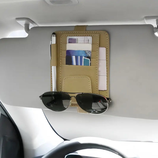 PU leather car sun visor organizer with sunglasses and card pockets