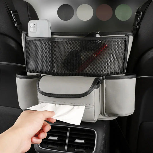 Nappa faux leather seat gap organizer fitted between the front seats of an electric car