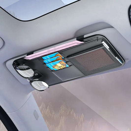 Multi-pocket PU leather sun visor organizer mounted flat on a car visor