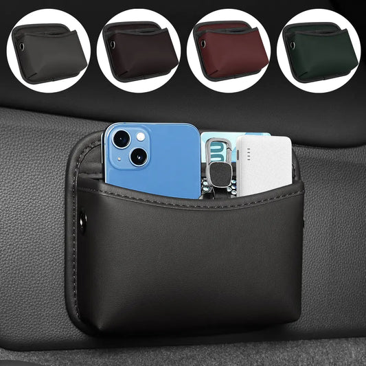 PU leather car seat side storage pocket holding a coiled charging cable