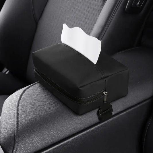 Three car tissue dispensers: visor clip, headrest box, and seat-side pocket