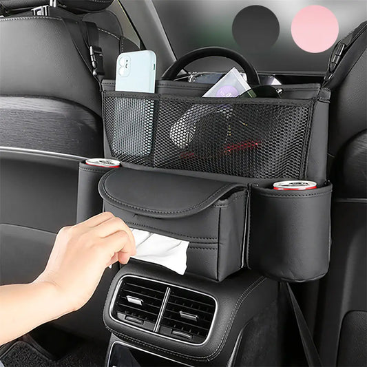 Leather car seat-gap organizer filling the space between front seats