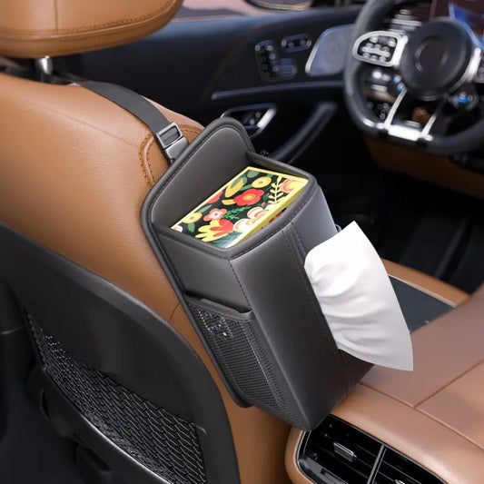 PU leather car seat side organizer hanging on the outer edge of a front seat