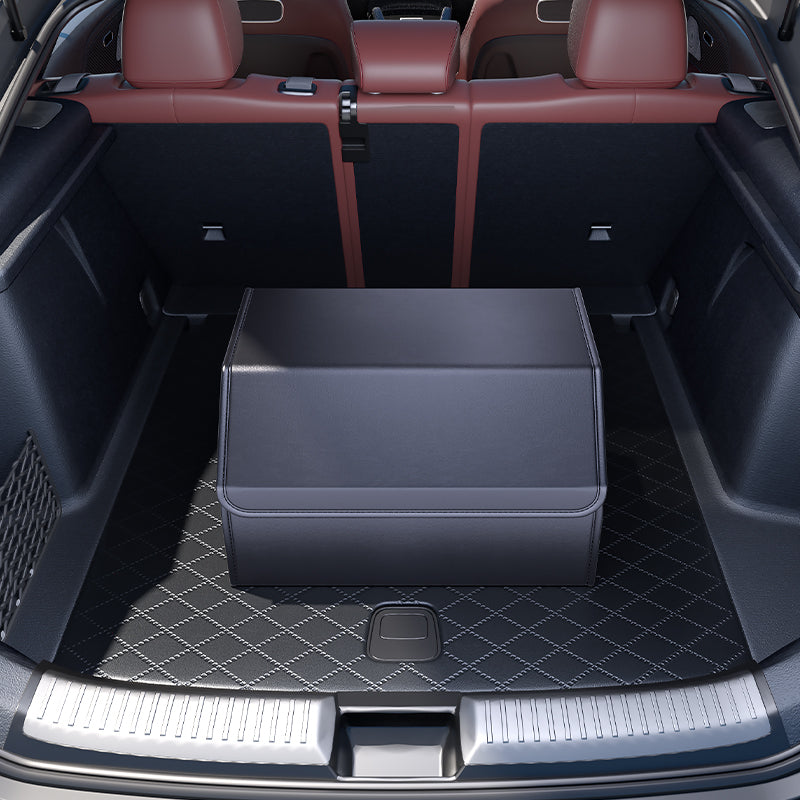 Organizer Bagasi Mobil dengan Tutup - Kotak Penyimpanan Kargo Lipat & Dapat Dilipat untuk SUV, Mobil, MPV & Rumah - Organizer Bagasi Multi-Kompartemen Kulit PU - OOLVS