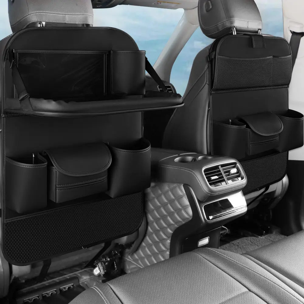 منظم مقعد السيارة الخلفي من الجلد، قطعة واحدة، مع صينية قابلة للطي - سجادة حماية للقدم، وحامل للتابلت، وجيوب تخزين متعددة للسيارات الرياضية متعددة الاستخدامات والشاحنات والسيارات السيدان | OOLVS