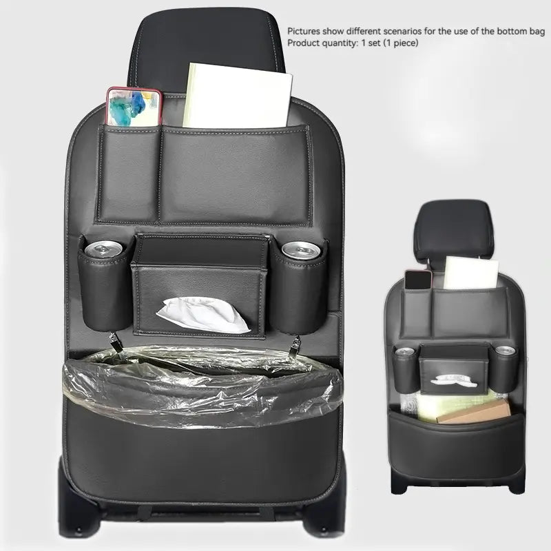 Car Seat Back Organizer with Kick Mat – PU Leather Multi-Pocket Backseat Storage Bag with Cup Holder for Travel & Universal Vehicle Use | OOLVS