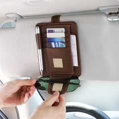 منظم واقي الشمس للسيارة - حامل نظارات متعدد الجيوب من الجلد الصناعي مع مساحة لتخزين البطاقات والأقلام والفواتير