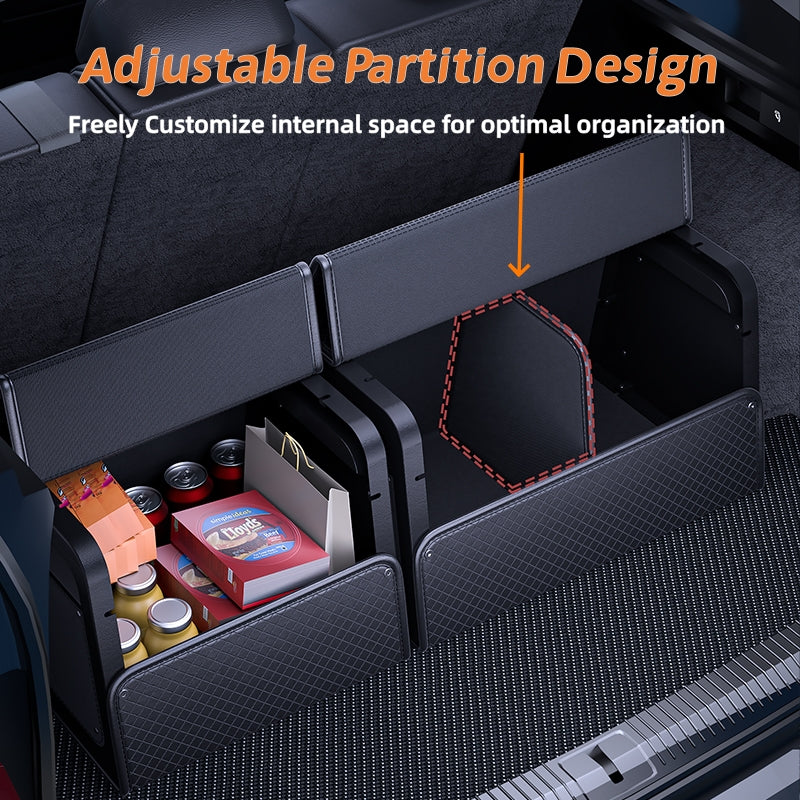 Car Trunk Organizer with Adjustable Dividers & 4-Point Magnetic Closure – PU Leather, Reinforced ABS Frame, Fits SUV, Sedan, and Home Use