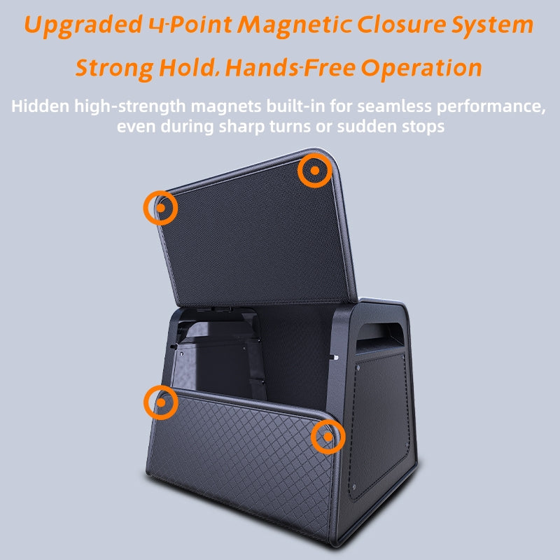 Car Trunk Organizer with Adjustable Dividers & 4-Point Magnetic Closure – PU Leather, Reinforced ABS Frame, Fits SUV, Sedan, and Home Use