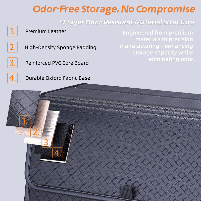 Car Trunk Organizer with Adjustable Dividers & 4-Point Magnetic Closure – PU Leather, Reinforced ABS Frame, Fits SUV, Sedan, and Home Use
