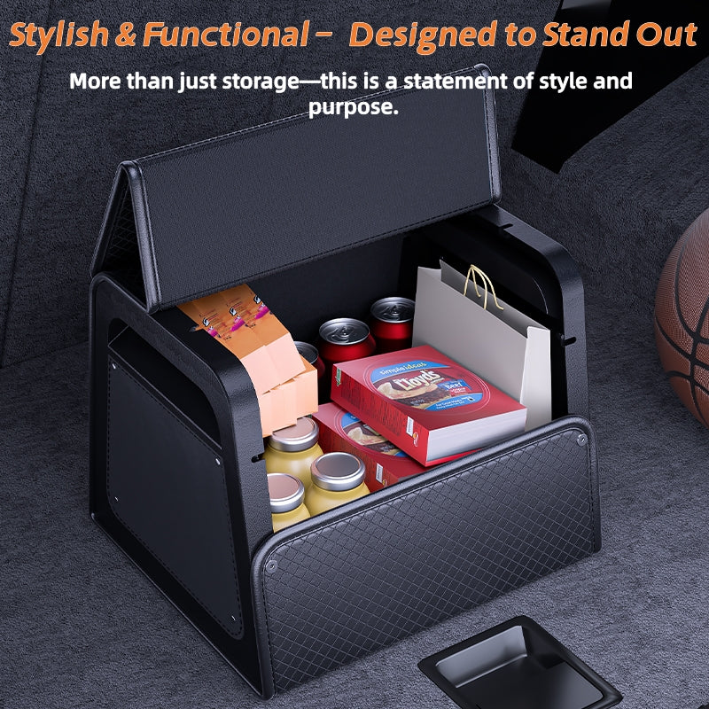 Car Trunk Organizer with Adjustable Dividers & 4-Point Magnetic Closure – PU Leather, Reinforced ABS Frame, Fits SUV, Sedan, and Home Use