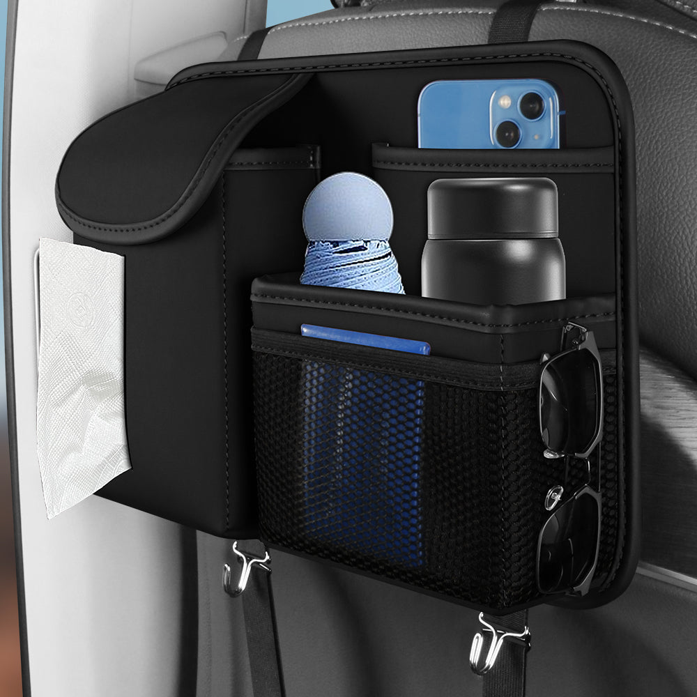 Multifunctional Backseat Car Organizer with Tissue Box & Hooks – Rear Seat Storage Bag for Road Trips | Black