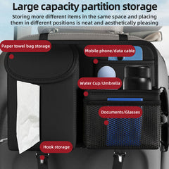 Multifunctional Backseat Car Organizer with Tissue Box & Hooks – Rear Seat Storage Bag for Road Trips | Black