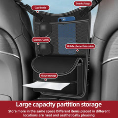 Organizer Antar Kursi Kulit PU – Tas Penyimpanan Gantung dengan Tempat Tisu & Snack, Kantong Jala untuk Ponsel & Dompet | OOLVS