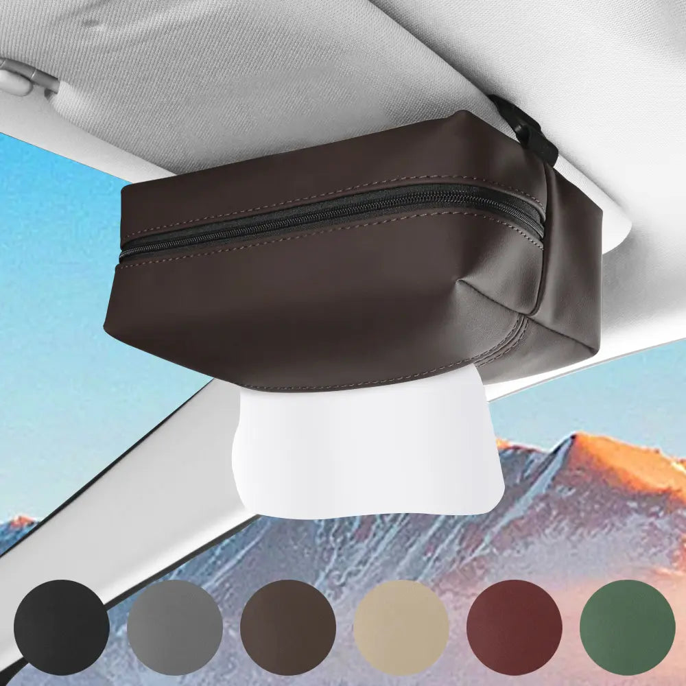 PU Leather Car Tissue Holder – Small Hanging Napkin Box with Elastic Band, Universal Fit for Sun Visor & Armrest | OOLVS