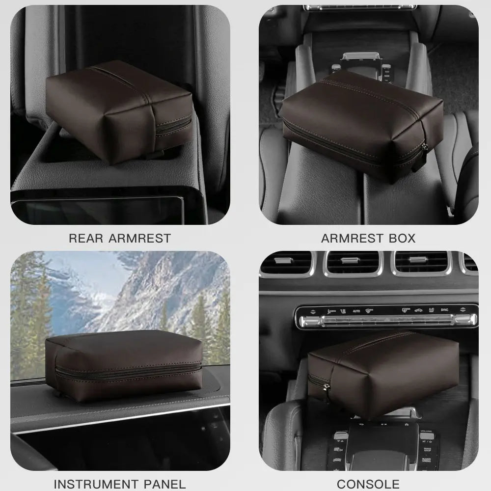 PU Leather Car Tissue Holder – Small Hanging Napkin Box with Elastic Band, Universal Fit for Sun Visor & Armrest | OOLVS