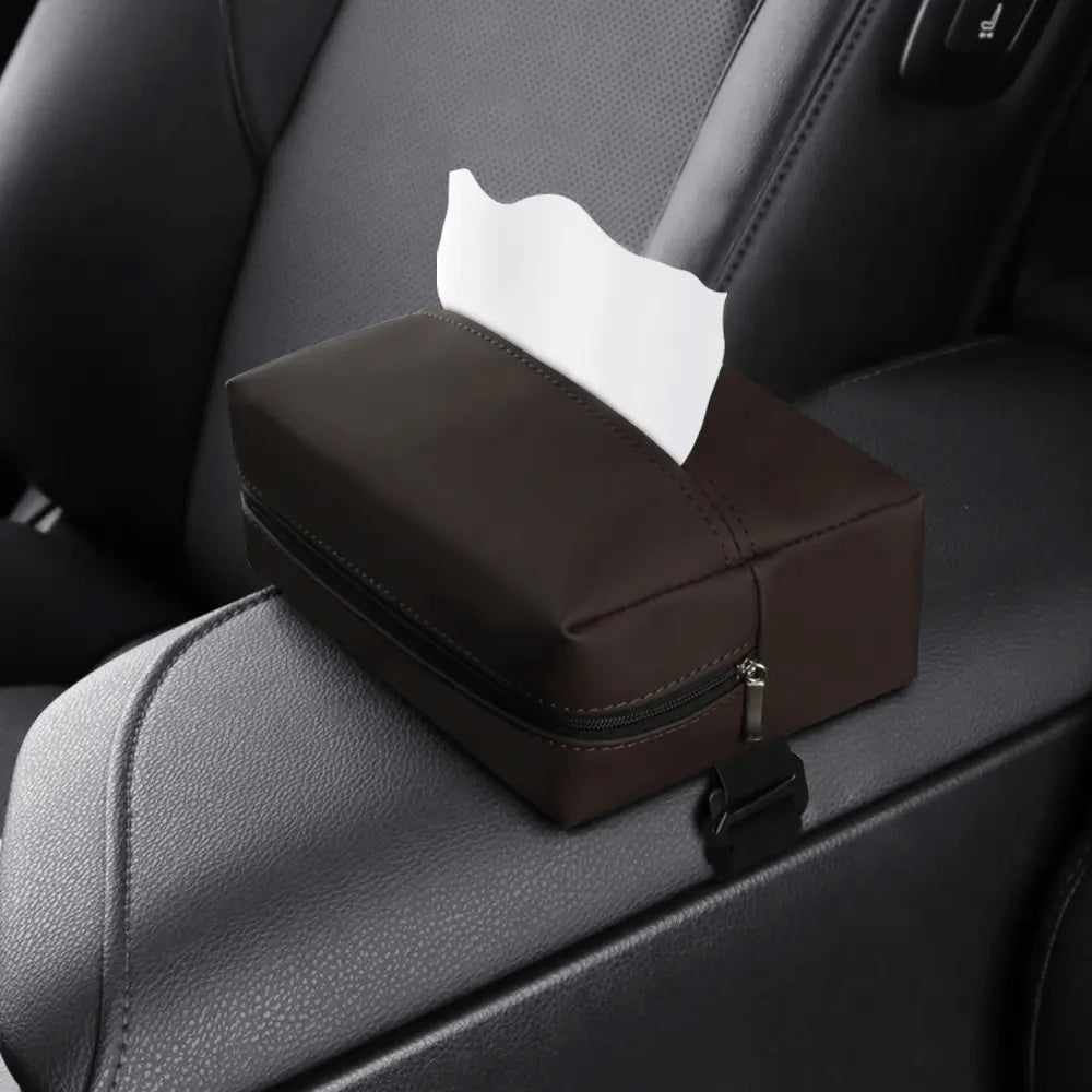 PU Leather Car Tissue Holder – Small Hanging Napkin Box with Elastic Band, Universal Fit for Sun Visor & Armrest | OOLVS