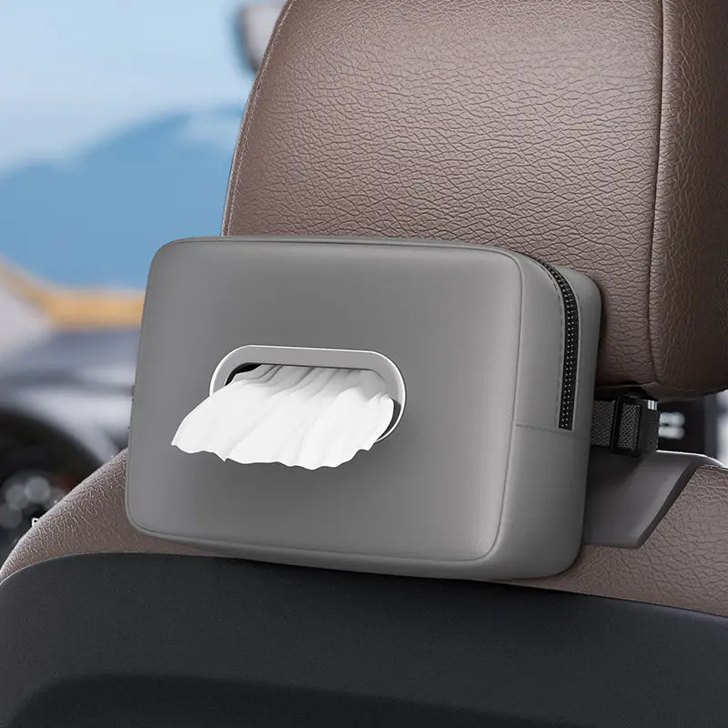 PU Leather Car Tissue Holder with Silver Arc Opening – Backseat Napkin Box Cover Fits 120 Tissues, Auto Interior Organizer | OOLVS