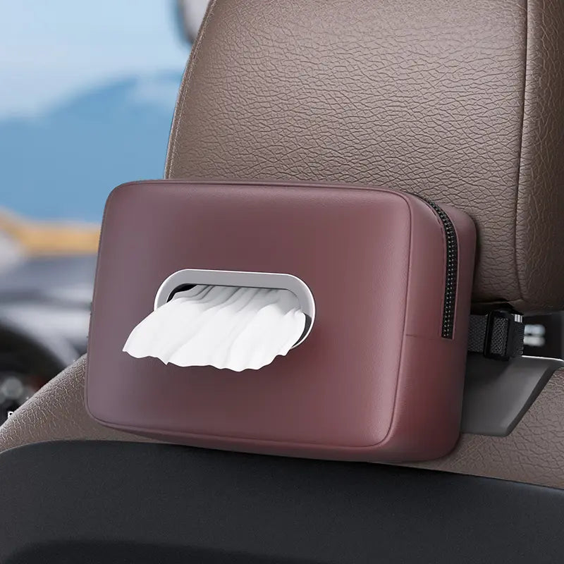 PU Leather Car Tissue Holder with Silver Arc Opening – Backseat Napkin Box Cover Fits 120 Tissues, Auto Interior Organizer | OOLVS