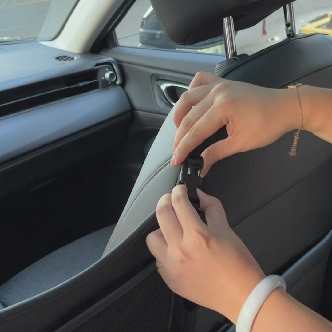 Organizer Antar Kursi Kulit PU – Tas Penyimpanan Gantung dengan Tempat Tisu & Snack, Kantong Jala untuk Ponsel & Dompet | OOLVS